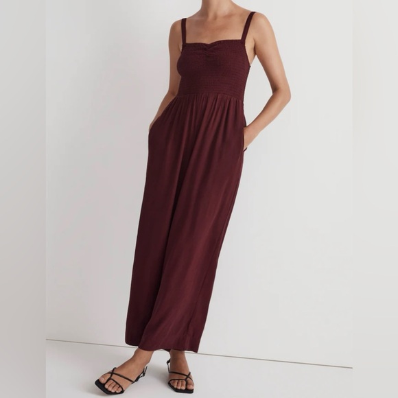 Madewell Pants - Madewell The Lucie Wide Leg Burgundy Red Smocked Jumpsuit NWT